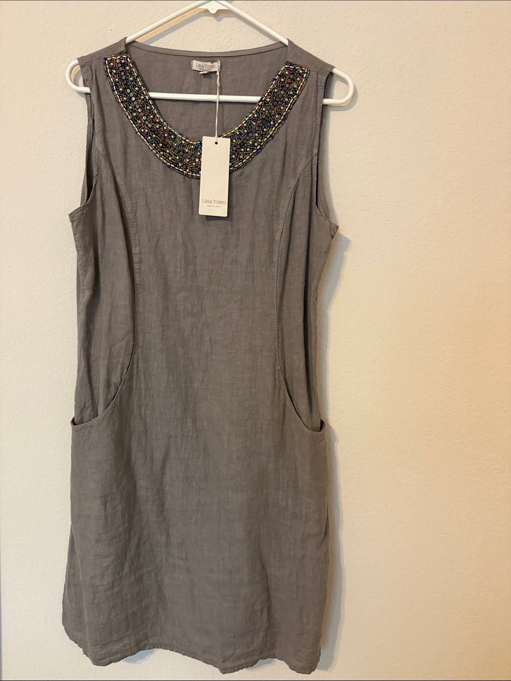 Lina Tomei Beaded Scoop Neck Linen Shift Dress — Gray/Taupe neutral